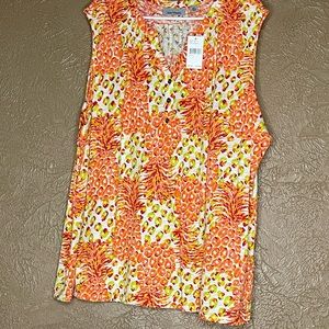 Sleeveless v-shaped top. Orange/yellow/white/green. Pineapples. 3x
